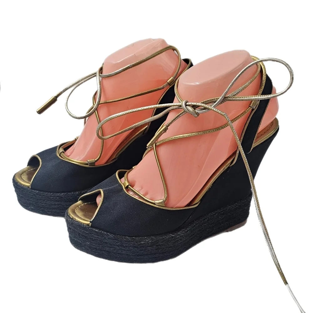 Ralph Lauren Collection Navy Gold Canvas Espadrille Wedge Lace Up